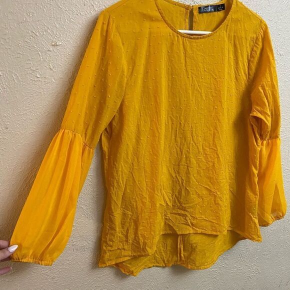 CURE Mustard Yellow Textured Fall Long Balloon Puff Sleeve Blouse small - Picture 4 of 9